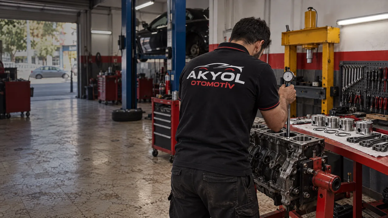 Motor standındaki blokta silindir ölçümü yapan usta