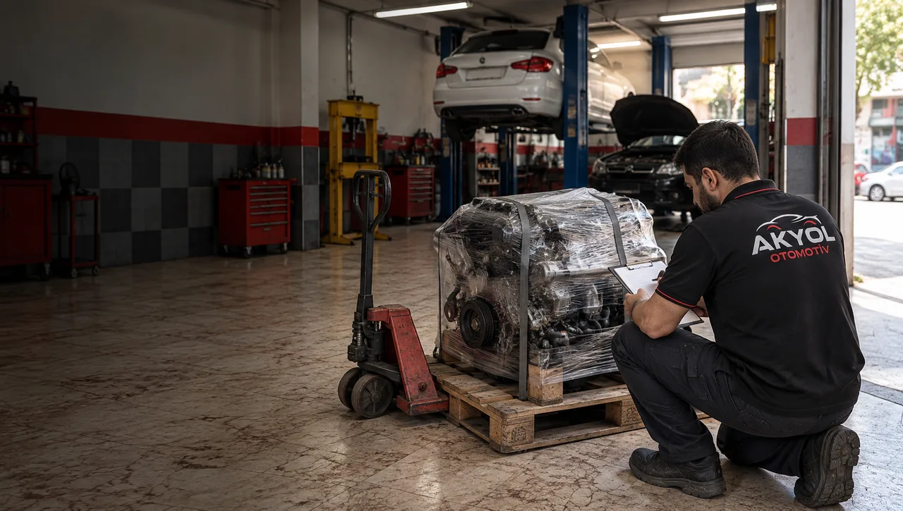 Atölye kapısında paletle gelen motoru kontrol eden usta