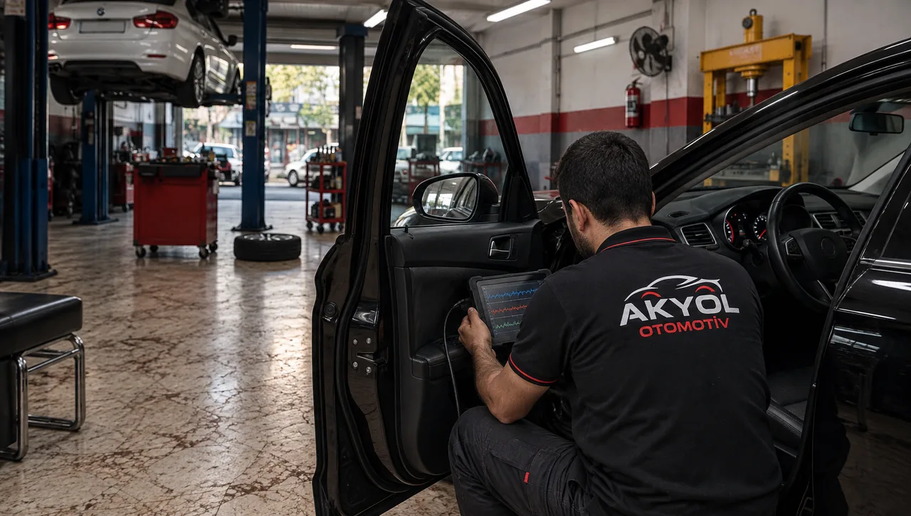Teşhis cihazıyla araçta arıza tespiti yapan usta