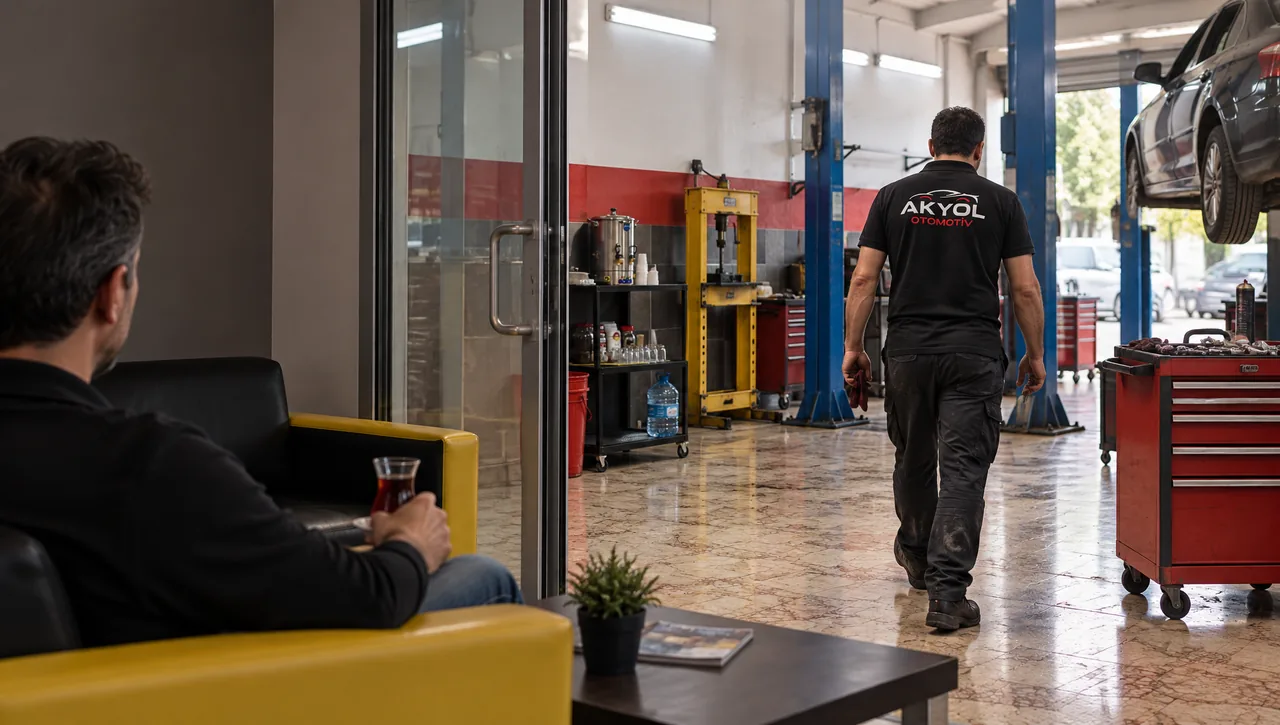 Bekleme salonunda çayını içen müşteri