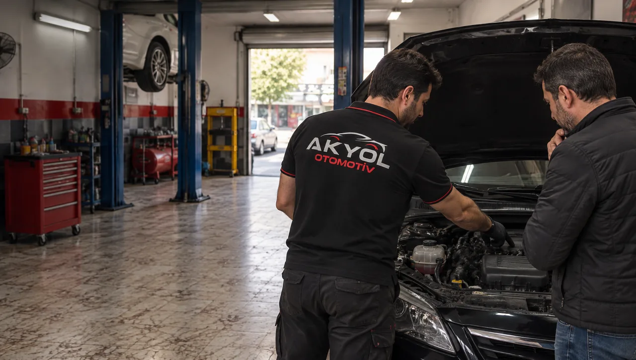 Açık kaput başında müşteriye motoru anlatan usta