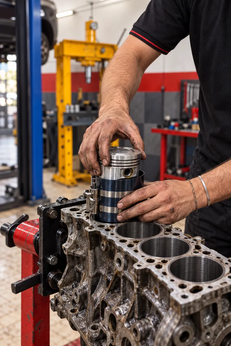 Motor standındaki bloğa piston takan usta