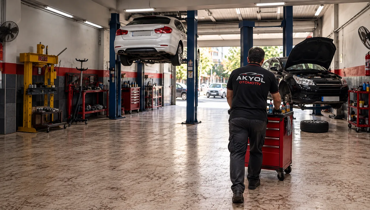Liftlerin ve hidrolik presin olduğu atölyede takım arabasını iten usta