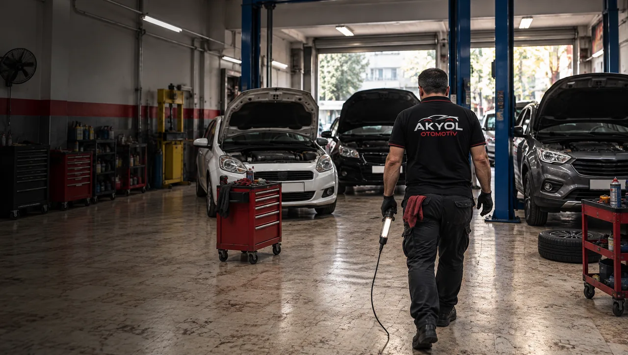 Atölyede kaputu açık farklı marka araçların arasında yürüyen usta